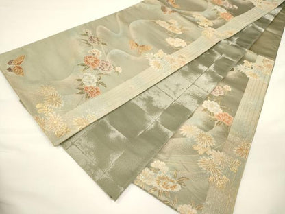 平和屋着物▼両面　六通柄袋帯　唐織　花浪漫　銀通し地　正絹　逸品　CAAU5877ak
