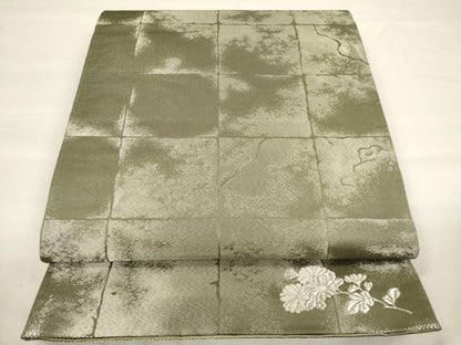 平和屋着物▼両面　六通柄袋帯　唐織　花浪漫　銀通し地　正絹　逸品　CAAU5877ak