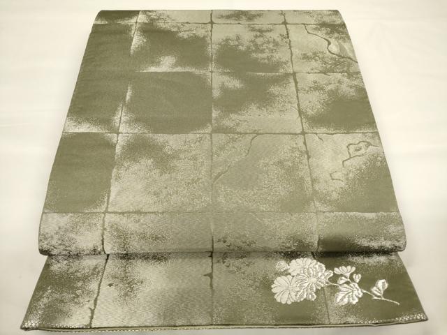 平和屋着物▼両面　六通柄袋帯　唐織　花浪漫　銀通し地　正絹　逸品　CAAU5877ak