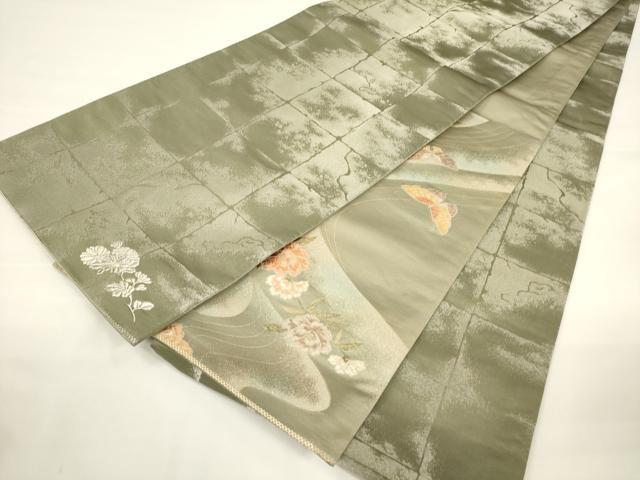 平和屋着物▼両面　六通柄袋帯　唐織　花浪漫　銀通し地　正絹　逸品　CAAU5877ak