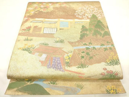 平和屋着物▼太鼓柄袋帯　風景文　金糸　正絹　逸品　CAAU5919ak