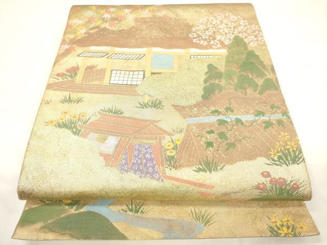平和屋着物▼太鼓柄袋帯　風景文　金糸　正絹　逸品　CAAU5919ak