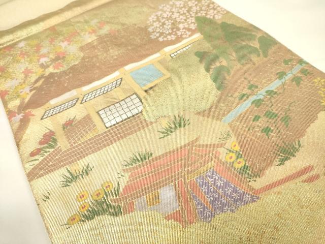 平和屋着物▼太鼓柄袋帯　風景文　金糸　正絹　逸品　CAAU5919ak