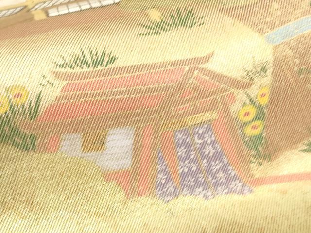 平和屋着物▼太鼓柄袋帯　風景文　金糸　正絹　逸品　CAAU5919ak