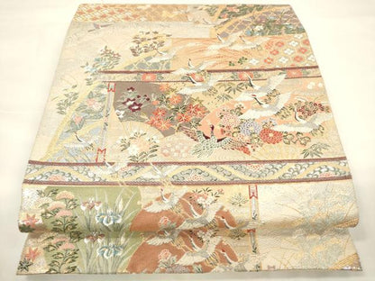 平和屋着物▼六通柄袋帯　唐織　書院飛鶴絵　金銀糸　正絹　逸品　CAAU5920ak