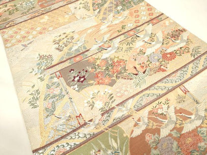 平和屋着物▼六通柄袋帯　唐織　書院飛鶴絵　金銀糸　正絹　逸品　CAAU5920ak