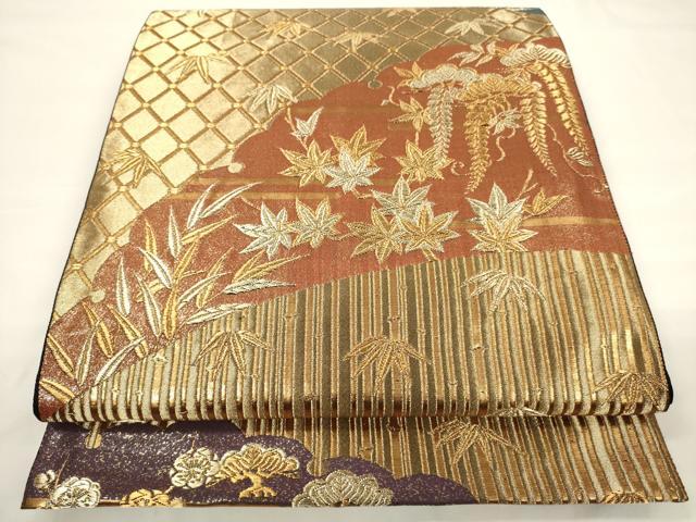 平和屋着物●ファッションデザイナー 花井幸子 六通柄袋帯 唐織 松竹梅花文 金糸 正絹 逸品 CAAU5970ak