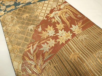 平和屋着物●ファッションデザイナー 花井幸子 六通柄袋帯 唐織 松竹梅花文 金糸 正絹 逸品 CAAU5970ak