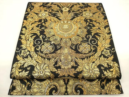 平和屋着物▼六通柄袋帯　唐織　しょうざん　更紗花文　黒地　金糸　正絹　逸品　CAAU5996ak