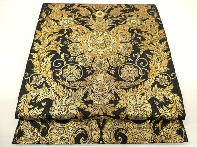 平和屋着物▼六通柄袋帯　唐織　しょうざん　更紗花文　黒地　金糸　正絹　逸品　CAAU5996ak