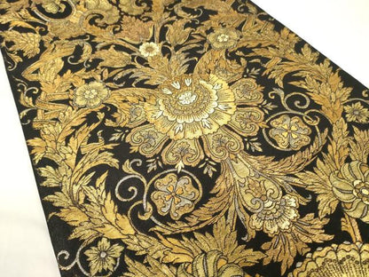 平和屋着物▼六通柄袋帯　唐織　しょうざん　更紗花文　黒地　金糸　正絹　逸品　CAAU5996ak