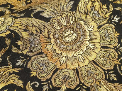 平和屋着物▼六通柄袋帯　唐織　しょうざん　更紗花文　黒地　金糸　正絹　逸品　CAAU5996ak