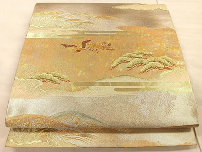 平和屋着物◎六通柄袋帯 エ霞鳳凰松文 金銀糸 引箔 正絹 逸品 CAAU6875ua
