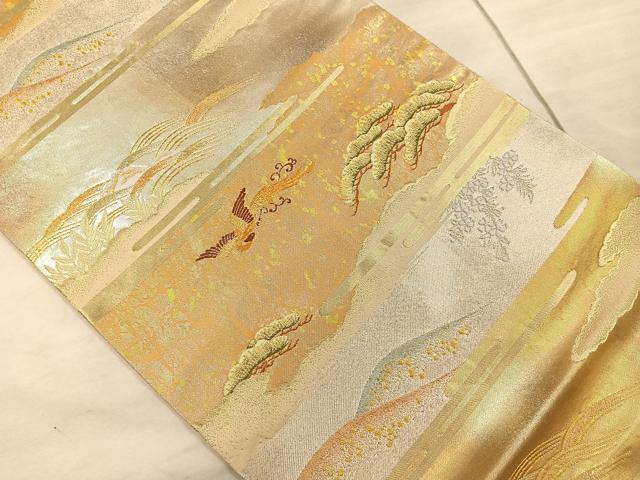 平和屋着物◎六通柄袋帯 エ霞鳳凰松文 金銀糸 引箔 正絹 逸品 CAAU6875ua