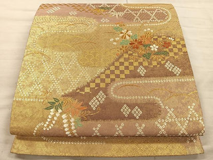 平和屋着物◎六通柄袋帯 唐織 エ霞吉祥花文 金糸 引箔 正絹 逸品 CAAU6882ua