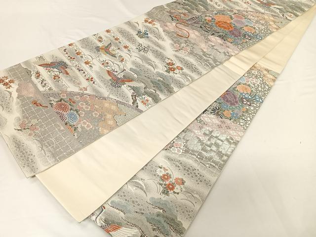 平和屋着物◎六通柄袋帯　唐織　飛鶴花文　銀糸　正絹　逸品　CAAU7180ua