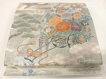 平和屋着物◎六通柄袋帯　唐織　飛鶴花文　銀糸　正絹　逸品　CAAU7180ua