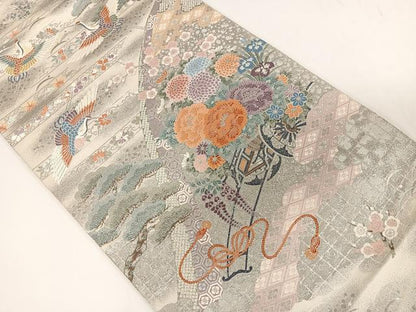 平和屋着物◎六通柄袋帯　唐織　飛鶴花文　銀糸　正絹　逸品　CAAU7180ua