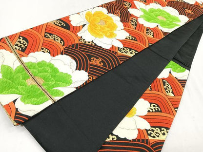平和屋着物◎六通柄袋帯 唐織 立波牡丹文 黒地 金糸 正絹 逸品 CAAU7224nb