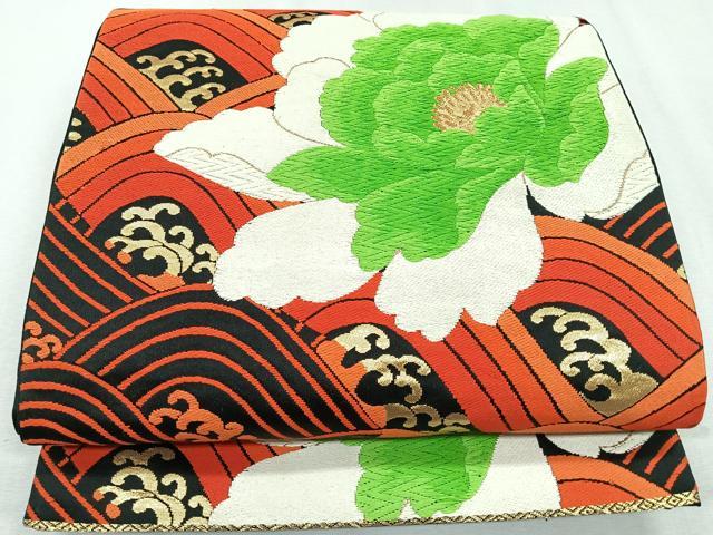 平和屋着物◎六通柄袋帯 唐織 立波牡丹文 黒地 金糸 正絹 逸品 CAAU7224nb
