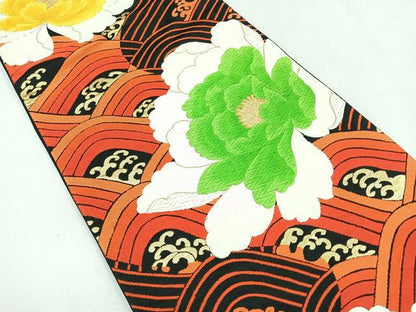 平和屋着物◎六通柄袋帯 唐織 立波牡丹文 黒地 金糸 正絹 逸品 CAAU7224nb