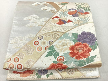平和屋着物◎六通柄袋帯 唐織 飛鶴鴛鴦花文 金銀糸 正絹 逸品 CAAU7248nb