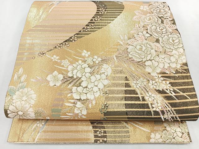 平和屋着物◎佐賀錦 六通柄袋帯 飾花文 黒地 金糸 正絹 逸品 CAAU7322nb