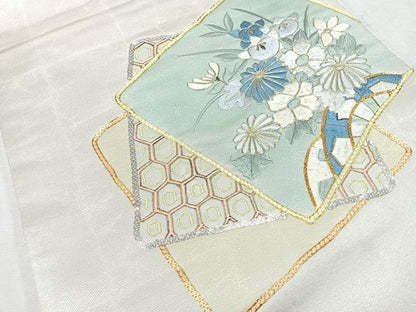 平和屋着物◎太鼓柄袋帯　総刺繍　駒刺繍　色紙花文　金糸　正絹　逸品　CAAU7447nb