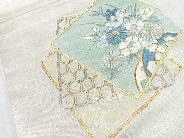 平和屋着物◎太鼓柄袋帯　総刺繍　駒刺繍　色紙花文　金糸　正絹　逸品　CAAU7447nb