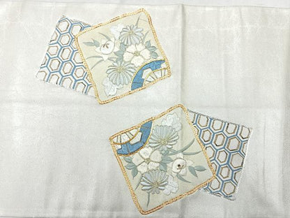 平和屋着物◎太鼓柄袋帯　総刺繍　駒刺繍　色紙花文　金糸　正絹　逸品　CAAU7447nb