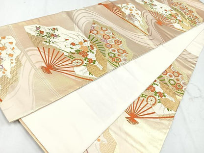 平和屋着物◎六通柄袋帯　唐織　扇面花車文　金糸　正絹　逸品　CAAU7505nb