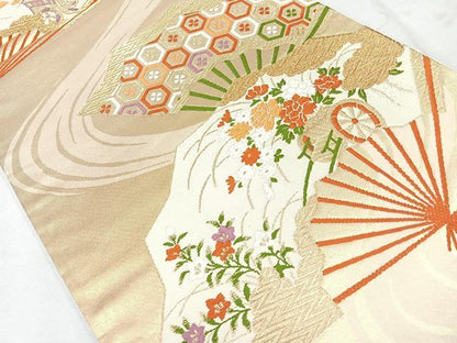 平和屋着物◎六通柄袋帯　唐織　扇面花車文　金糸　正絹　逸品　CAAU7505nb