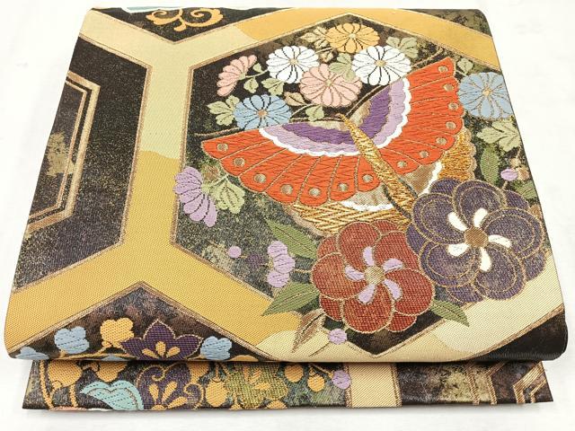 平和屋着物◎六通柄袋帯　唐織　亀甲花蝶文　金糸　正絹　逸品　CAAU7540nb