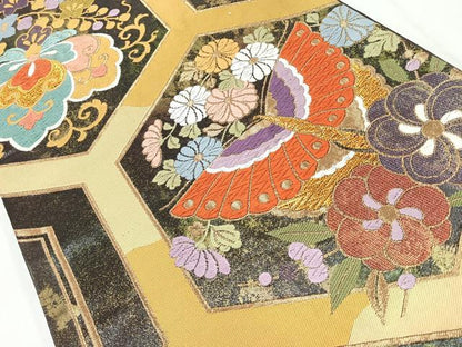 平和屋着物◎六通柄袋帯　唐織　亀甲花蝶文　金糸　正絹　逸品　CAAU7540nb