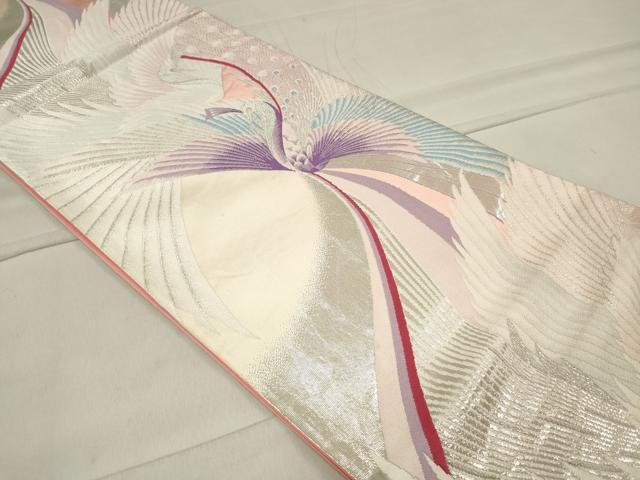 平和屋着物◎六通柄袋帯 唐織 孔雀文 銀糸 正絹 逸品 CAAU7612in