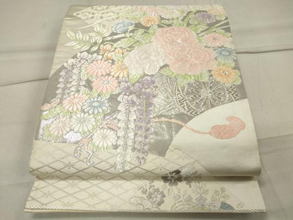 平和屋着物◎六通柄袋帯 唐織 地紙鳳凰花文 銀糸 正絹 逸品 CAAU7613in