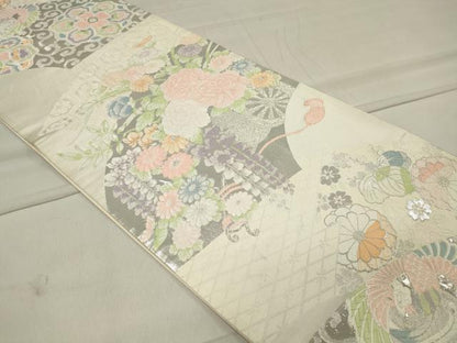 平和屋着物◎六通柄袋帯 唐織 地紙鳳凰花文 銀糸 正絹 逸品 CAAU7613in