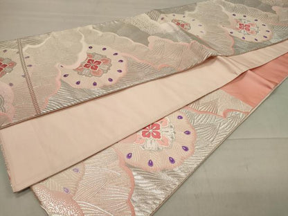 平和屋着物◎六通柄袋帯　唐織　孔雀羽花文　銀糸　正絹　逸品　CAAU7614in