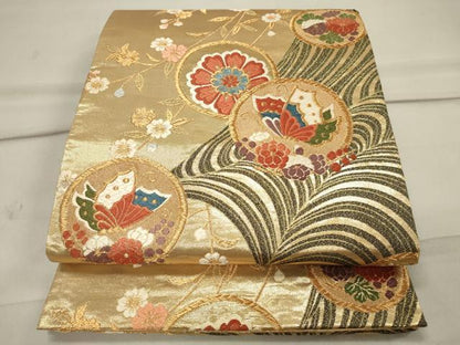 平和屋着物◎両面 六通柄袋帯 唐織 流水花蝶丸文 金糸 正絹 逸品 CAAU7616in