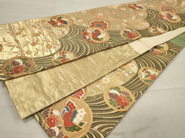 平和屋着物◎両面 六通柄袋帯 唐織 流水花蝶丸文 金糸 正絹 逸品 CAAU7616in