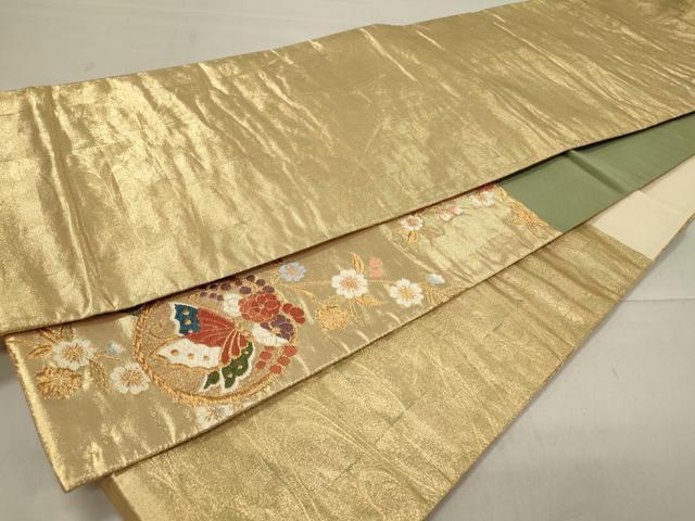 平和屋着物◎両面 六通柄袋帯 唐織 流水花蝶丸文 金糸 正絹 逸品 CAAU7616in