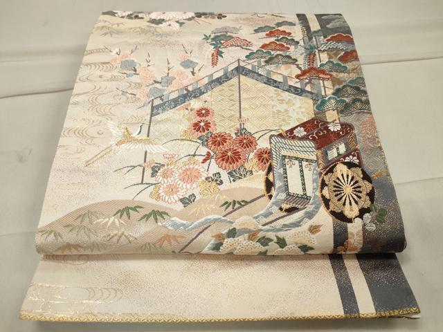 平和屋着物◎六通柄袋帯 唐織 御所車飛鶴花文 金糸 正絹 逸品 CAAU7665in