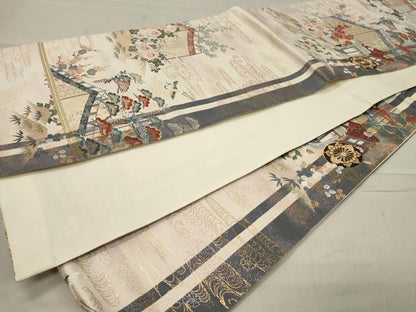 平和屋着物◎六通柄袋帯 唐織 御所車飛鶴花文 金糸 正絹 逸品 CAAU7665in