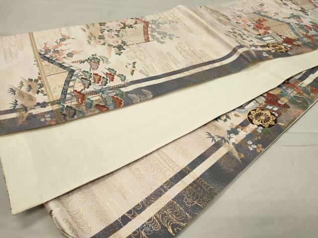 平和屋着物◎六通柄袋帯 唐織 御所車飛鶴花文 金糸 正絹 逸品 CAAU7665in