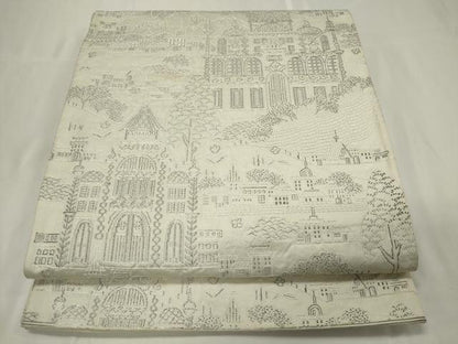 平和屋着物◎六通柄袋帯 風景文 銀糸 正絹 逸品 CAAU7693in