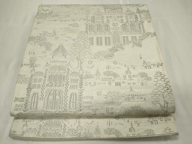 平和屋着物◎六通柄袋帯 風景文 銀糸 正絹 逸品 CAAU7693in