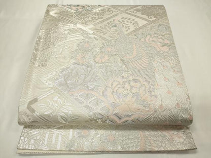 平和屋着物◎六通柄袋帯　孔雀花文　銀糸　正絹　逸品　CAAU7696in