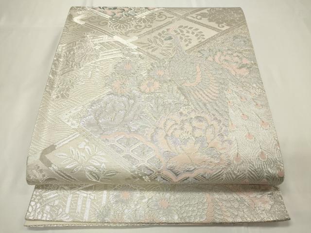 平和屋着物◎六通柄袋帯　孔雀花文　銀糸　正絹　逸品　CAAU7696in