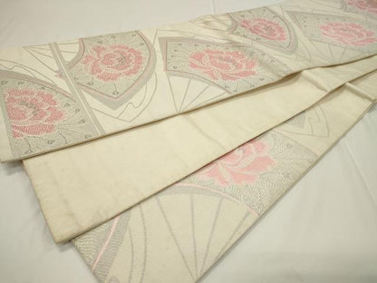 平和屋着物◎六通柄袋帯　唐織　扇面花文　銀糸　正絹　逸品　CAAU7768in
