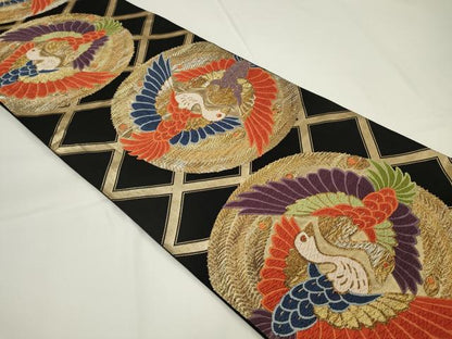 平和屋着物◎六通柄袋帯 唐織 向かい鳳凰文 黒地 金銀糸 正絹 逸品 CAAU7774in
